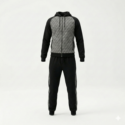 Oblique Hooded Tracksuit in Black with Grey Jacquard Panels