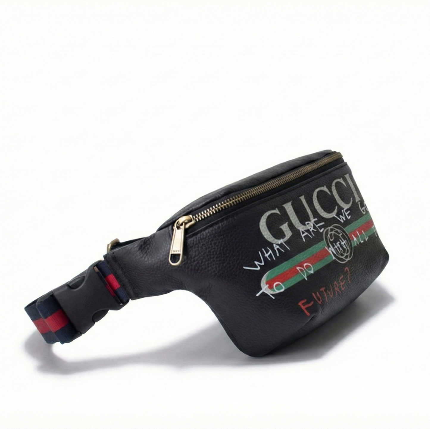 Graffiti Print Leather Belt Bag with Web Strap