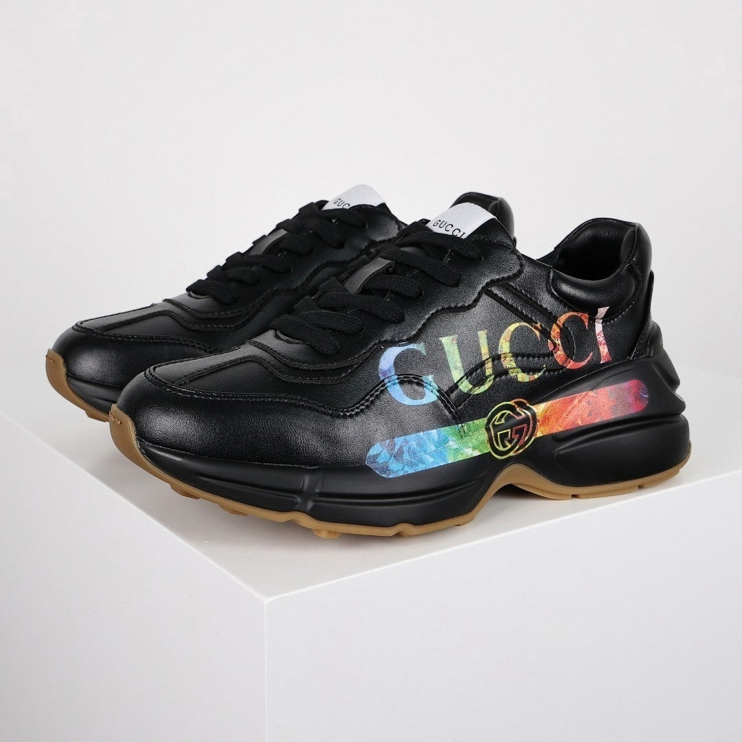Rhyton Rainbow Logo Leather Sneaker | Black