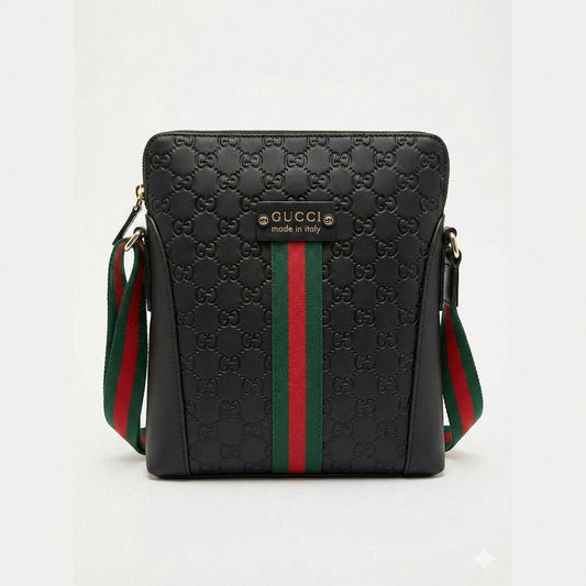 GG Embossed Leather Messenger Bag with Web Stripe