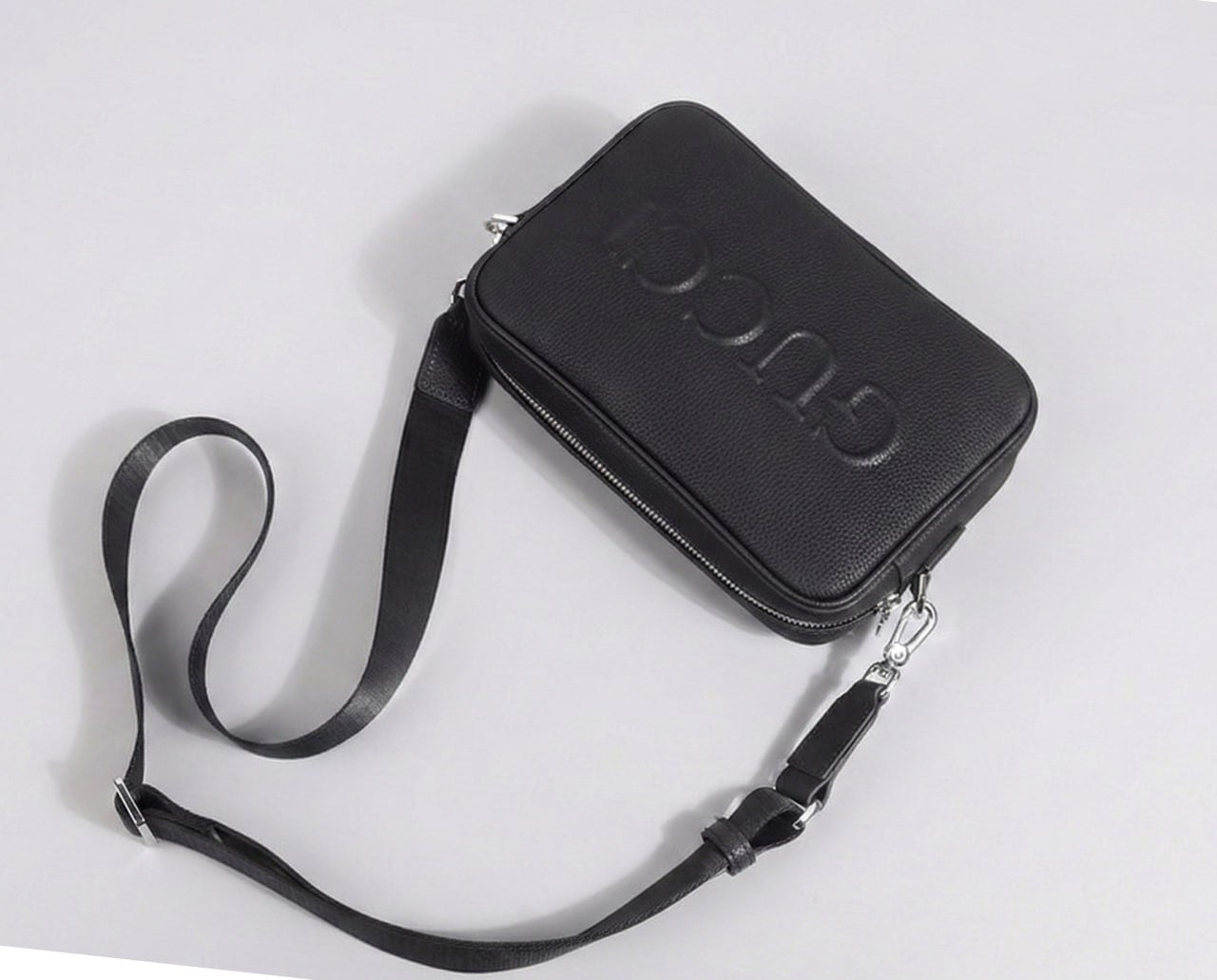 Embossed Logo Leather Camera Crossbody Bag – Black