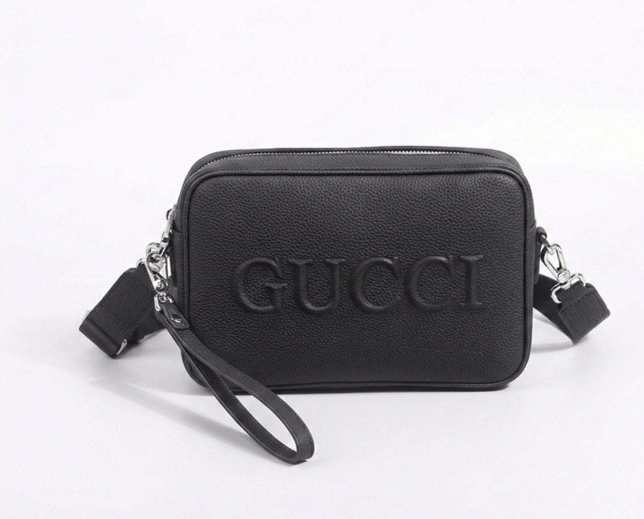 Embossed Logo Leather Camera Crossbody Bag – Black