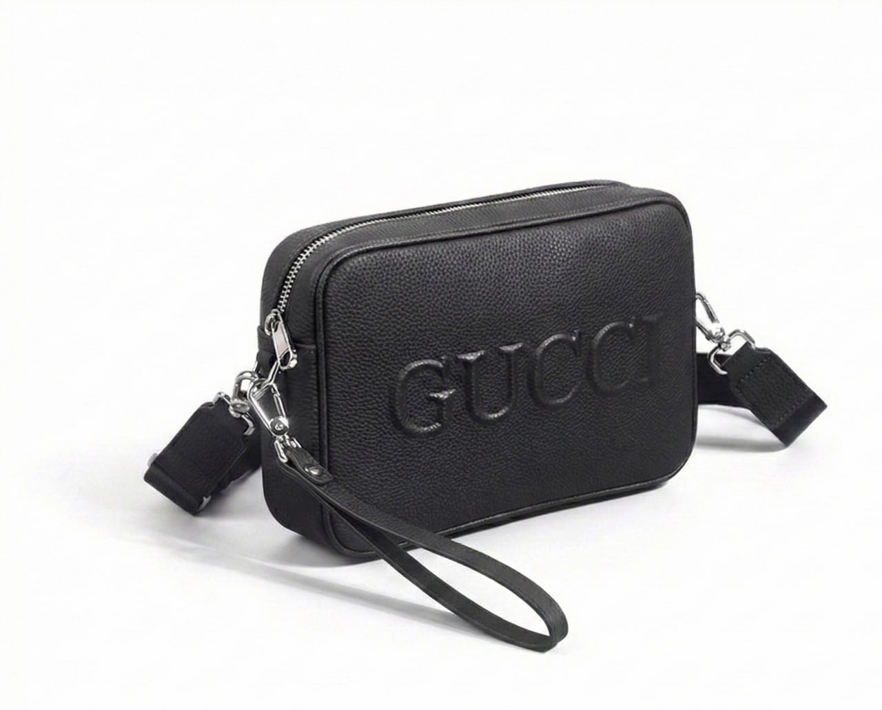 Embossed Logo Leather Camera Crossbody Bag – Black