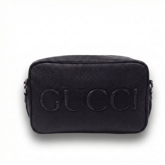 Embossed Logo Leather Camera Crossbody Bag – Black