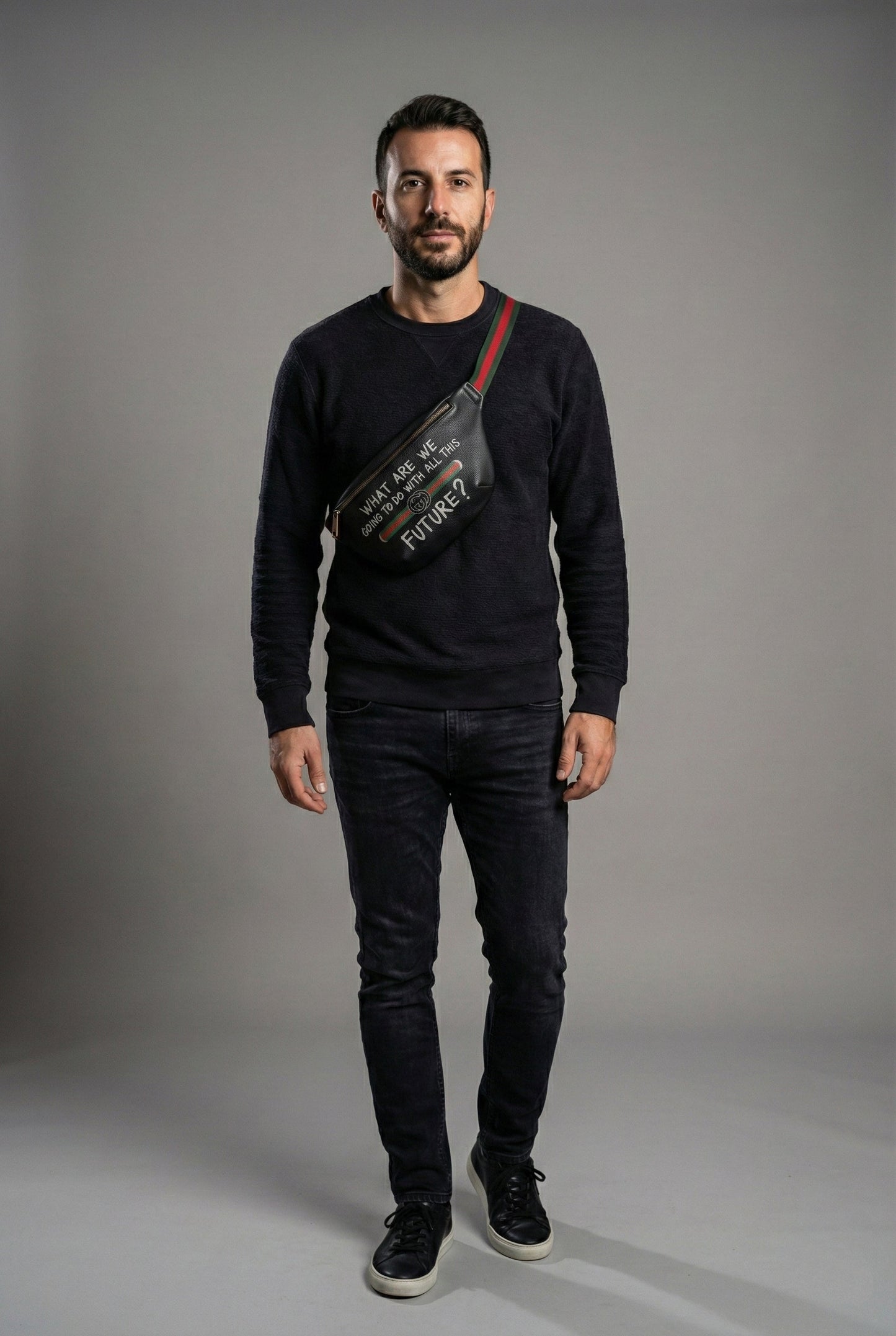 Graffiti Print Leather Belt Bag with Web Strap