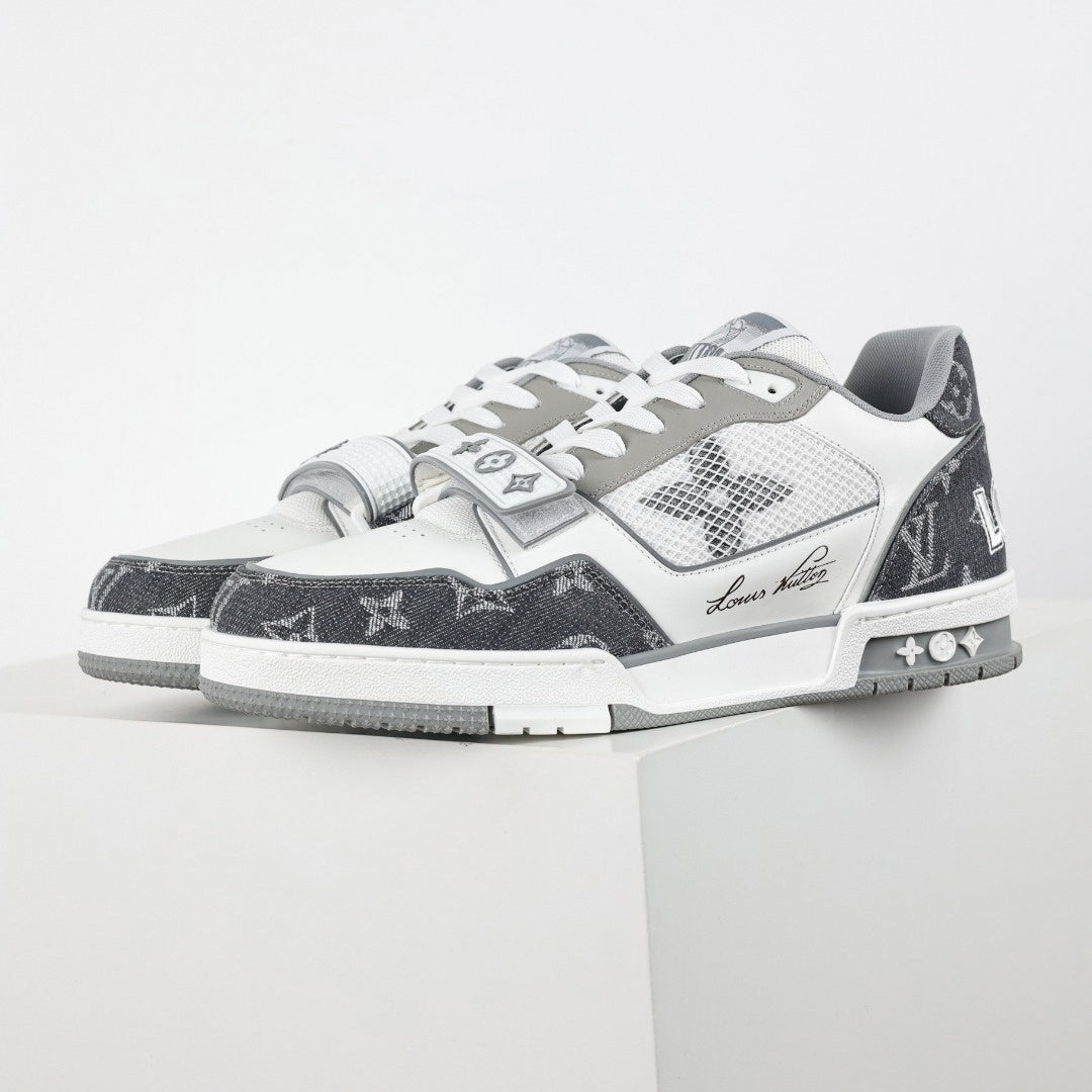 LV Trainer Sneaker | White & Grey Monogram Denim