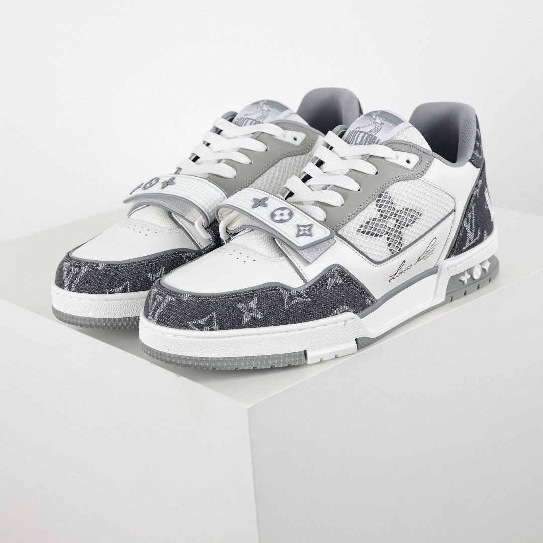 LV Trainer Sneaker | White & Grey Monogram Denim